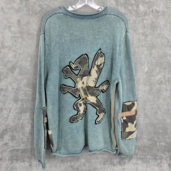 Express Sweater L Green Camo Lion Patches Elbows Side Heavy 90s Y2K Rolled Edges